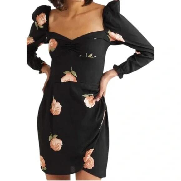 Reformation Amala Mini Dress Ingrid Black Floral Long Sleeve Ruched - Picture 3 of 13